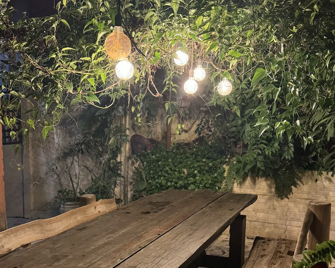 Jardim com luzes acesas sobre a mesa